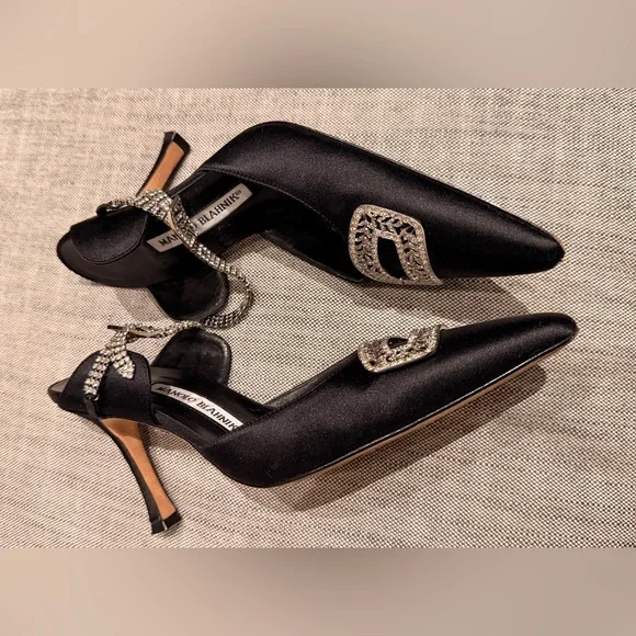 Manolo Blahnik Black Heels with Crystal Ankle and Emblem Embellishments, 37.5